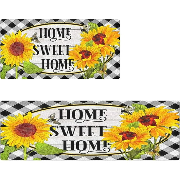 Yellow Sunflower Buffalo Plaid Kitchen Mats Set of 2 Farmhouse Anti-Fatigue Kitchen Rug Non Slip Washable Kitchen Rugs Comfort Standing Mat for Hallway Laundry, 17.3" x 28" + 17.3" x 47"