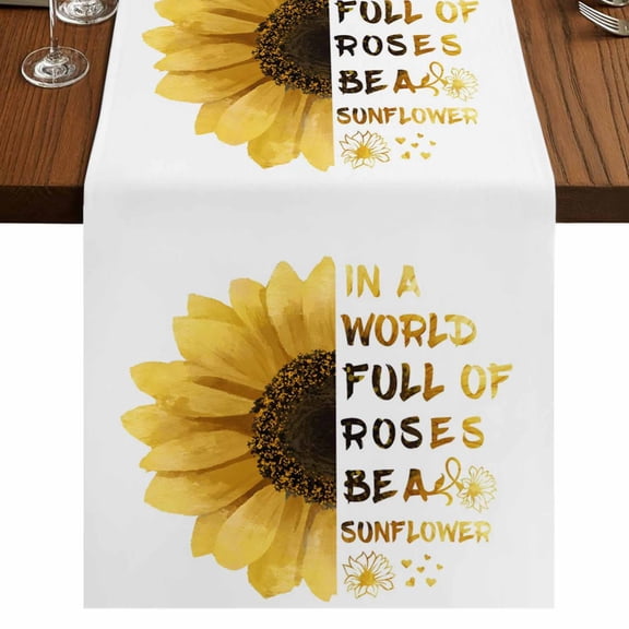 Yellow Sunflower Burlap Cotton Table Runner 13x36 Inches Short, Floral Rustic White Quotes Farmhouse Table Runners, Outdoor Dining Tablecloths Decor for Baby Shower/Party/Wedding