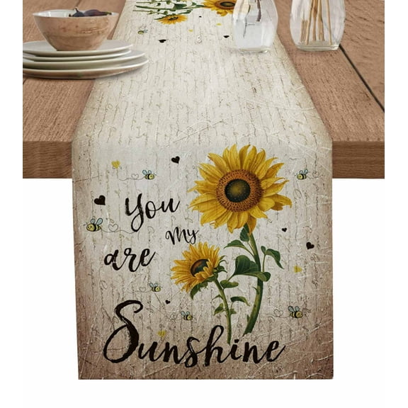 Yellow Sunflower Burlap Cotton Table Runner 13x60 Inches Long, Summer Vintage Flower Bee Sunshine Farmhouse Table Runners, Outdoor Dining Tablecloths Decor for Baby Shower/Party/Wedding