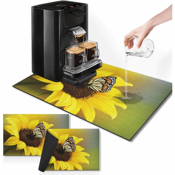 Yellow Sunflower Butterfly Coffee Mat for Countertops, Flower Dish Drying Mat 2 Pcs for Kitchen Coffee Bar Accessories Fit Under Coffee Maker Espresso Machine Dish Rack Hide Stain Rubber
