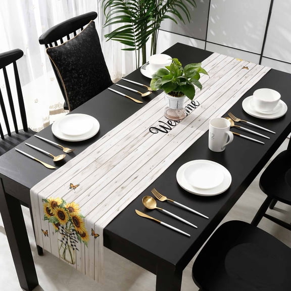 Yellow Sunflower Butterfly Cotton Linen Table Runner 13 x 70 inch Wood Farmhouse Vintage Non-slip Rectangular Dining Table Decor for Wedding Party Holiday Dinner