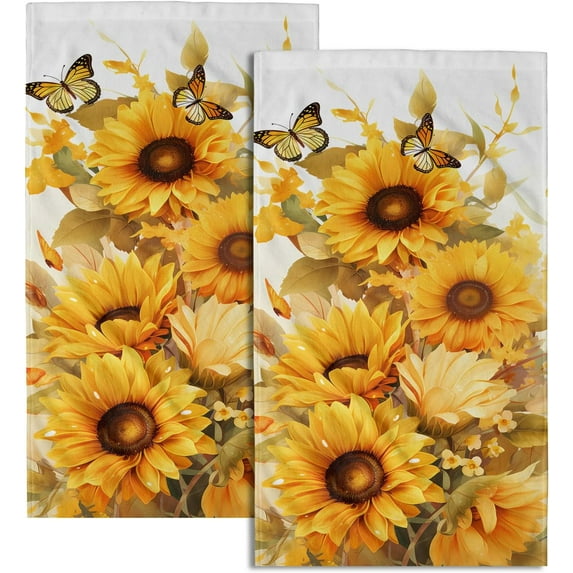 Yellow Sunflower Butterfly Hand Towel - Floral Bath Face Towels Set of 2 Flowers Tea Towels Botanical Butterflies Guest Towels Kitchen Dish Towel Decor