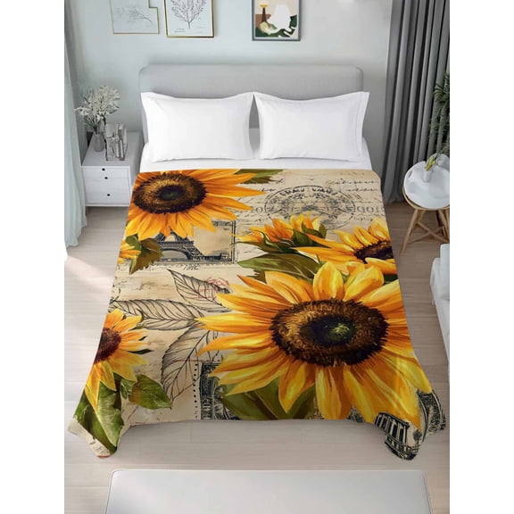 Yellow Sunflower California King Size Flat Sheet, Wrinkleproof & Fadeproof Cooling Flat Bed Sheet Only, Watercolor Retro Floral Plant Leaf Breathable Soft Bedding Top Sheets 108 x 98 Inches