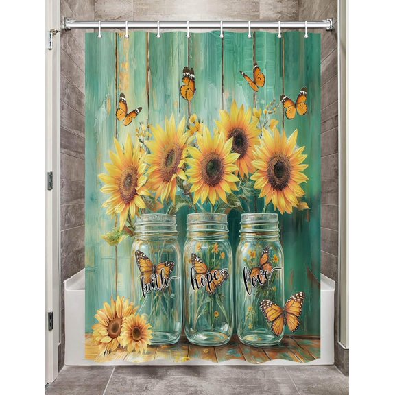 Yellow Sunflower Camper RV Shower Curtain for Travel Trailer Bathroom, Farmhouse Floral Camping Fabric Stall Small Narrow Shower Curtains Set, Happy Camp Outdoor Decor Accessories with Hooks 47X64