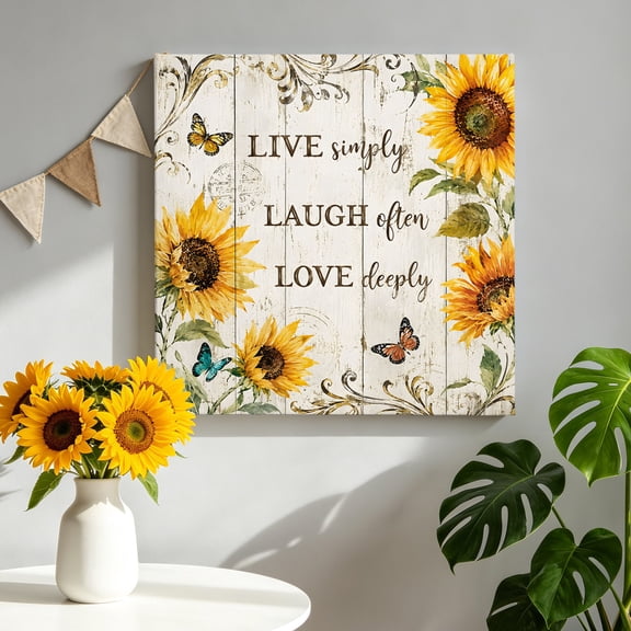 Yellow Sunflower Canvas Wall Art, Live Laugh and Love Text Script Butterfly Wood Grain Framed Canvas Wall Decor Picture Print Artwork Decorations for Living Room Office Ready to Hang 8" x 8"