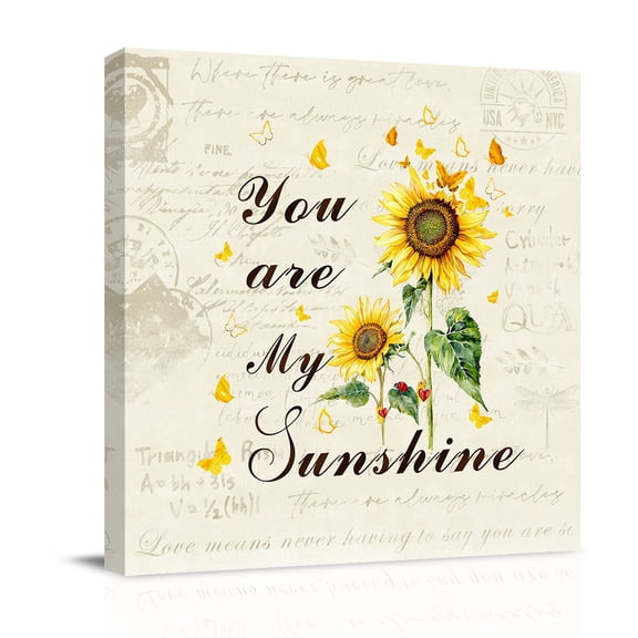 Yellow Sunflower Canvas Wall Art for Living Room, You Are My Sunshine Butterflies Vintage Letter Background Poster Print Painting for Bedroom Office Home Decor Wall Pictures Prepare To Hang 8"x8"