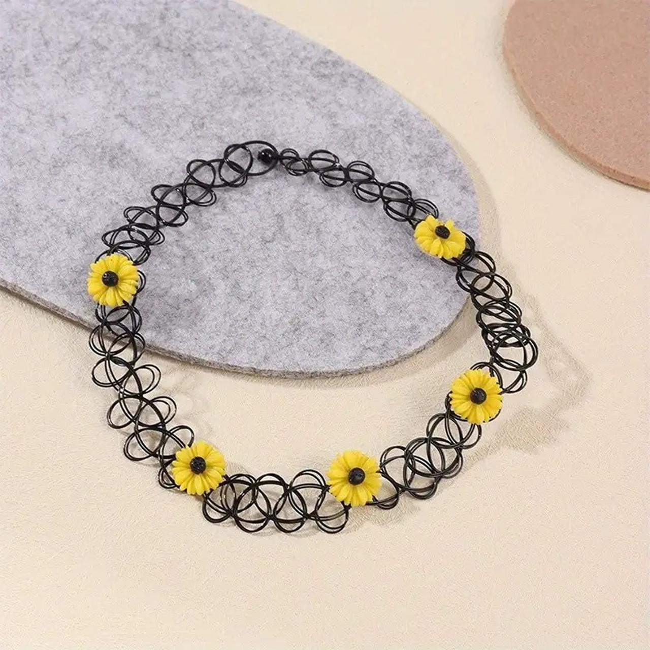 Yellow Sunflower Choker Necklace, Lace Stretch, Goth Boho