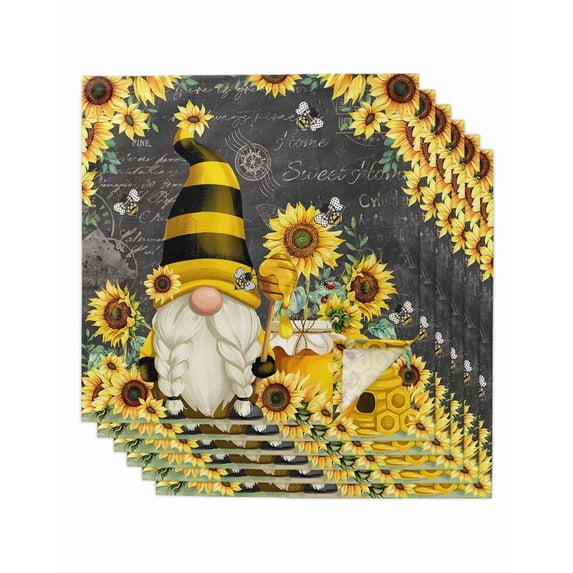 Yellow Sunflower Cloth Napkins Set of 6 Reusable Dinner Napkins, Farmhouse Vintage Bees Gnomes Cocktail Napkin Washable Table Napkins for Wedding/Holiday Party/Baby Shower 20"x20"