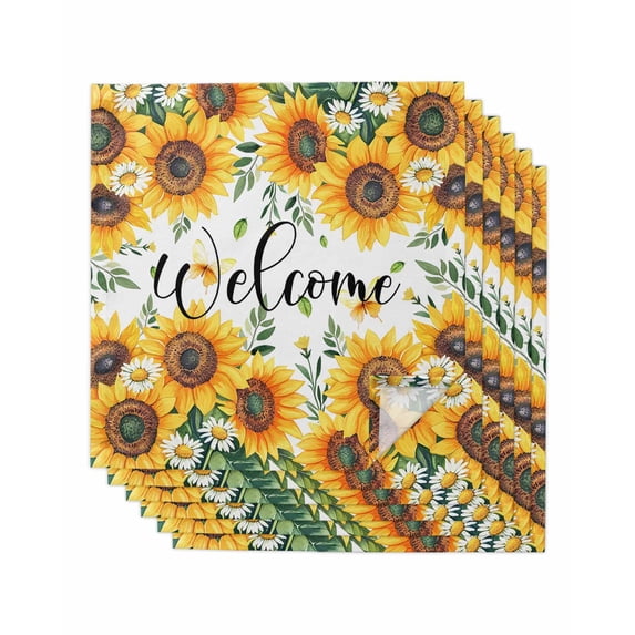 Yellow Sunflower Cloth Napkins Set of 6 Reusable Dinner Napkins, Spring Daisy Green Leaves Pastoral Cocktail Napkin Washable Table Napkins for Wedding/Holiday Party/Baby Shower 20"x20"