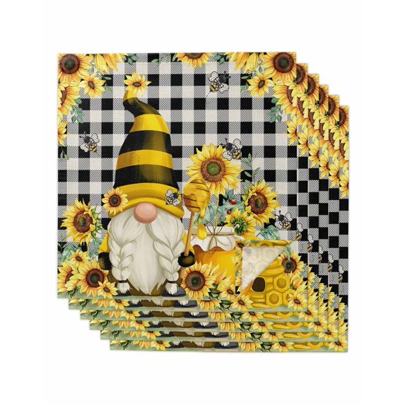 Yellow Sunflower Cloth Napkins Set of 6 Reusable Dinner Napkins, Spring Summer Bee Gnomes Black Plaid Cocktail Napkin Washable Table Napkins for Wedding/Holiday Party/Baby Shower 20"x20"