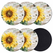 Yellow Sunflower Coasters Set of 6, Absorbent Coasters for Drinks, Elegant Pastoral Floral Wooden Coaster for Desk Coffee Table Protection, Home Decor House Warming Gifts 4"