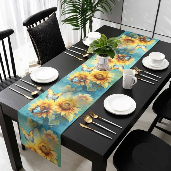Yellow Sunflower Cotton Linen Table Runner 13 x 70 inch Spring Butterfly Teal Abstract Vintage Non-slip Rectangular Dining Table Decor for Wedding Party Holiday Dinner