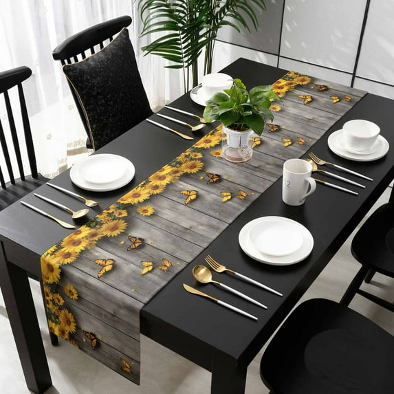Yellow Sunflower Cotton Linen Table Runner 13 x 90 inch Butterfly Spring Floral Wooden Grain Non-slip Rectangular Dining Table Decor for Wedding Party Holiday Dinner