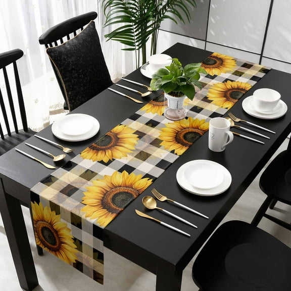 Yellow Sunflower Cotton Linen Table Runner 14 x 72 inch White Black Checkered Retro Art Non-slip Rectangular Dining Table Decor for Wedding Party Holiday Dinner