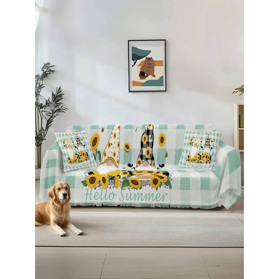 Yellow Sunflower Couch Cover for 2 Cushion Sofa, Gnomes Teal Checkered Farmhouse Art Washable Loveseat Sofa Covers Slipcover for Sectional Sofas L-Shaped, Couch Throw Cover 71"x118"