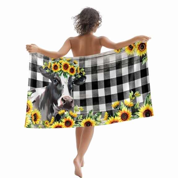 Yellow Sunflower Cow Farmhouse Beach Towels Blanket Soft&Absorbent Quick Dry Microfiber Black And White Check Plaid Pool Towels for Swimming ,Yoga, Sports, Gym, Camping,Large 30X60in,