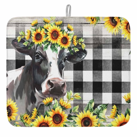 Yellow Sunflower Cow Farmhouse Dish Drying Mat, Black And White Check Plaid Absorbent Dish Drying Matt Pad for Kitchen Countertops,Sinks,Dish Drainer Racks, Large 18x24inx1PC,,