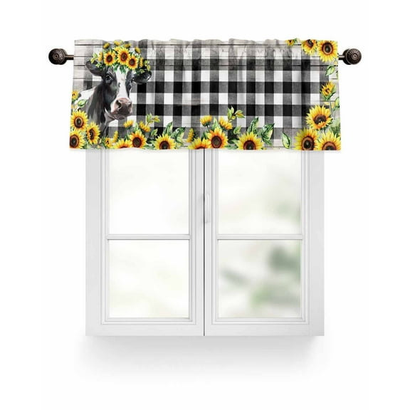 Yellow Sunflower Cow Farmhouse Kitchen Valances for Windows Black And White Check Plaid Valance Curtains for Kitchen /Living Room/Bedroom/ Bathroom Decor, 54"x18 " ,Rod Pocket 1 Panel,