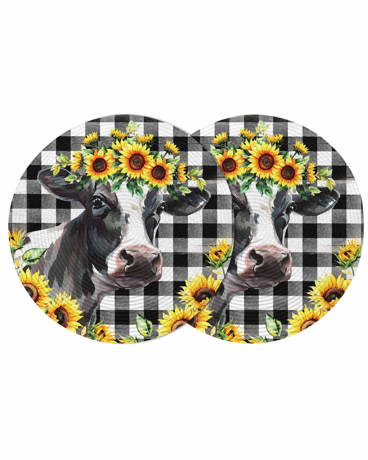 Yellow Sunflower Cow Farmhouse Round Table Placemats set of 2, Black ...