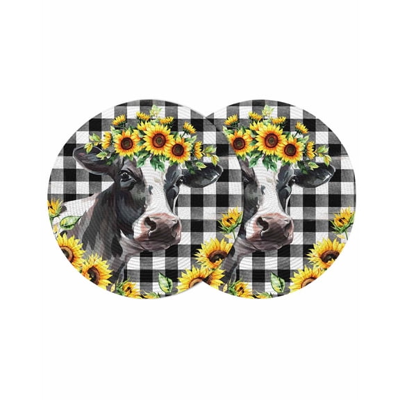 Yellow Sunflower Cow Farmhouse Round Table Placemats set of 2, Black And White Check Plaid Washable Woven Place Mats for Dining Tables Kitchen Party Decor,Heat Proof, 13in,