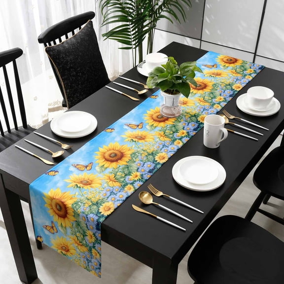 Yellow Sunflower Daisy Cotton Linen Long Table Runner 13 x 108 inch Spring Butterfly Country Pastoral Non-slip Rectangular Dining Table Decor for Wedding Party Holiday Dinner