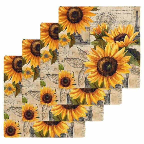 Yellow Sunflower Dish Towels Set, Waffle Weave Kitchen Towels 4 Pieces, Watercolor Retro Floral Plant Leaf Microfiber Hair Face Bath Tea Towel Absorbent Quick Drying Cleaning Dish Cloths 12"x12"
