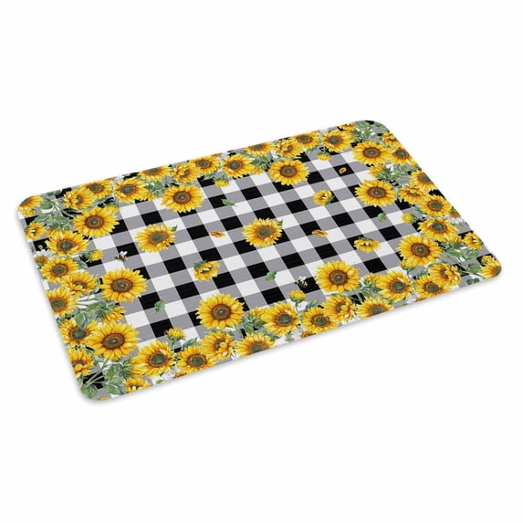 Yellow Sunflower Doormat Outdoor Entrance 24"x36", Summer Bee Floral Black White Plaid Absorb Moisture Dirt Door Mats, Non-Slip Rubber Backing Floor Mats Indoor, Low-Profile Front Door Rugs