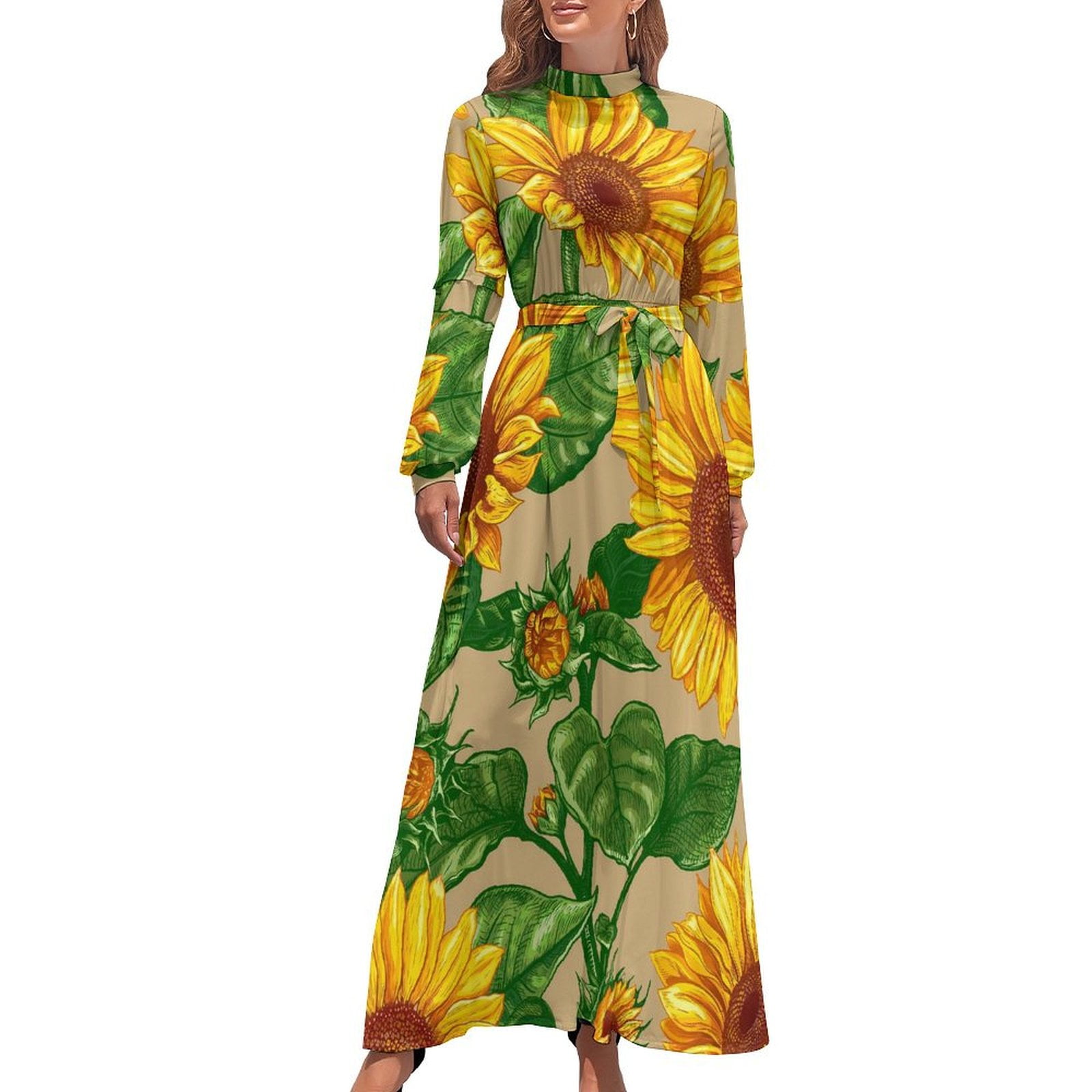 Yellow Sunflower Dress Long Sleeve Black Stripes Print Sexy Maxi Dress High Waist Aesthetic Pattern Beach Long Dresses Gift Idea Walmart