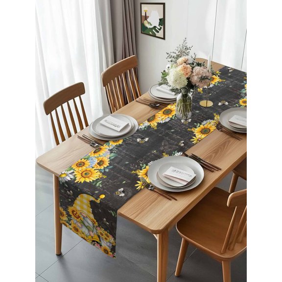 Yellow Sunflower Dwarf on Blackboard Table Runner 13x70in Non-Slip Cotton Linen Table Runners, Rustic Pastoral Plant Bee Dresser Scarves TableRunner for Dinner Kitchen Dining Wedding Party