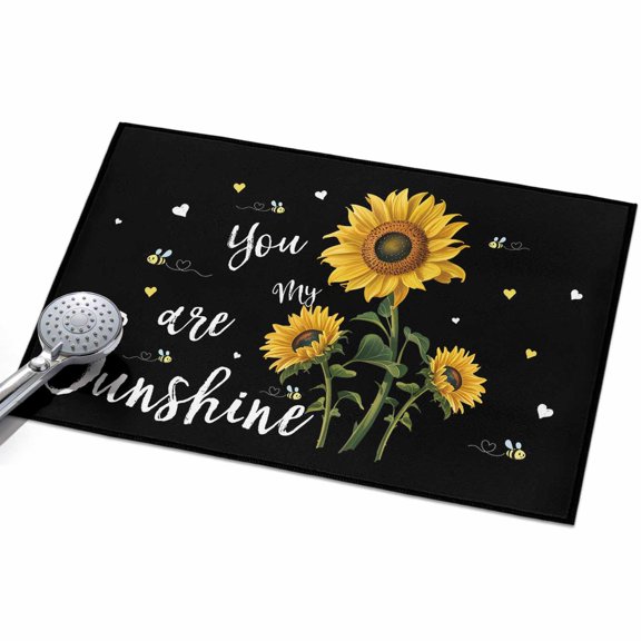 Yellow Sunflower Entryway Rug 2x3ft Washable Non Slip Bathroom Rug Low Pile Soft Indoor Floor Front Door Mat Summer Flower Bee Sunshine Black Rectangle Area Rugs Carpet for Kitchen Office Dining Room