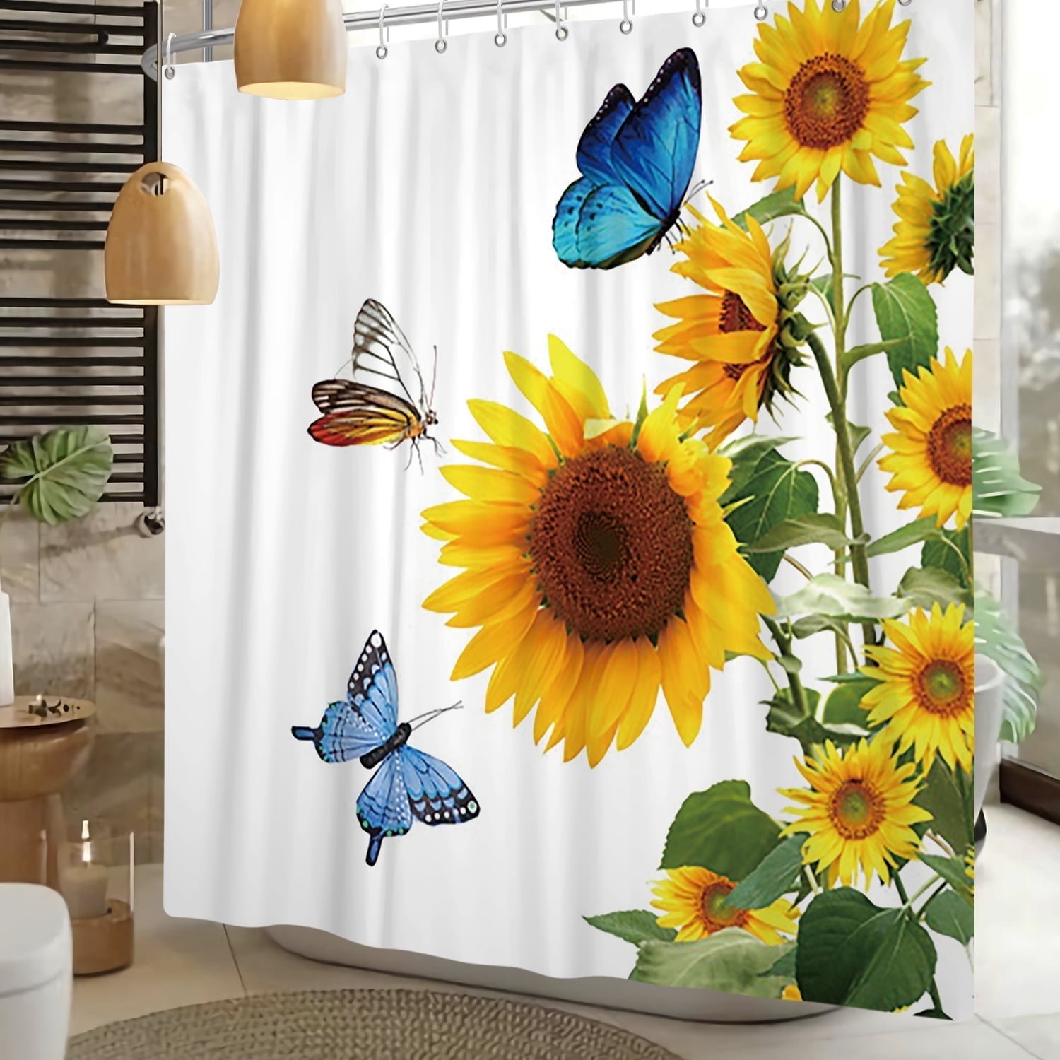 Yellow Sunflower Fabric Shower Curtain Butterfly Bath Curtains Rustic Bathroom Decor with Hooks 72Wx78L Inch