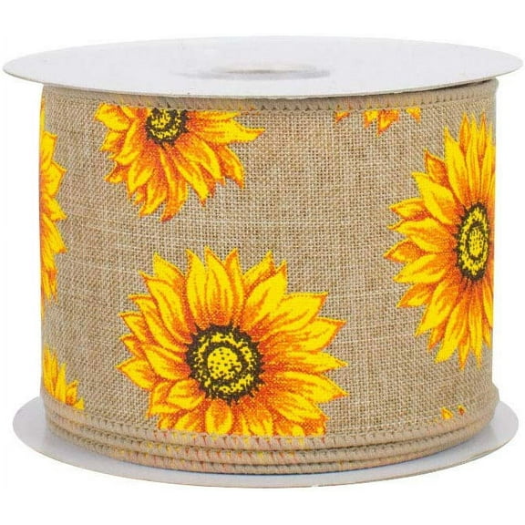 Yellow Sunflower Fabric Wired Ribbon - 2 1/2" x 10 Yards, Beige, Easter, Spring Decor, Summer, Thanksgiving, Christmas, Wedding, Wreath, Reception