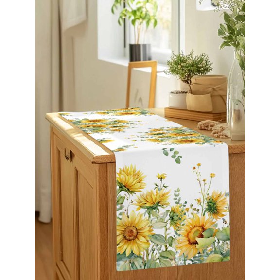 Yellow Sunflower Farm Eucalyptus Table Runner 36 Inches Long,Kitchen Dining Tablerunners Watercolor Leaves Linen Table Runners Dresser Scarves for Home Dinner Wedding Holiday Party Decor