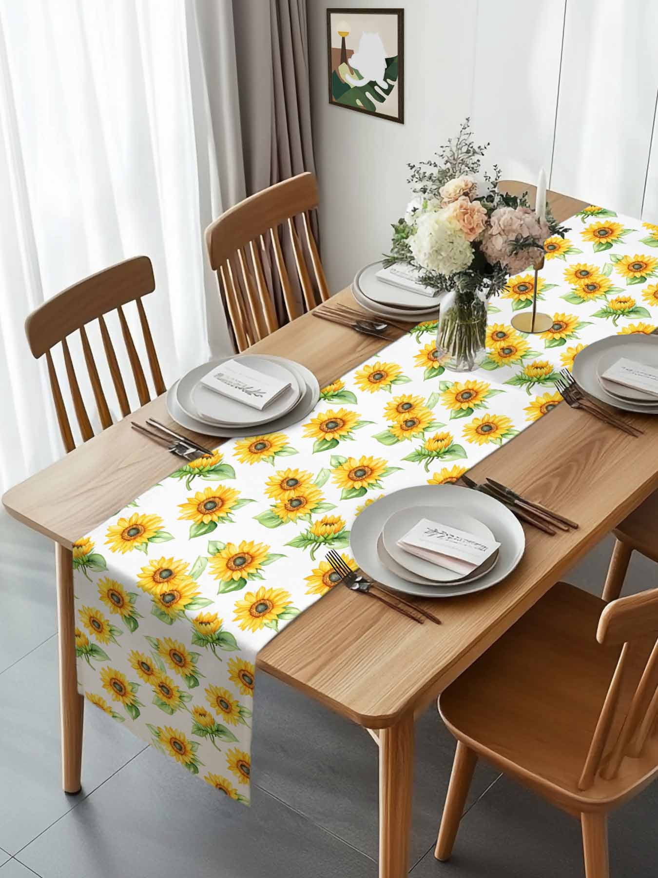 Yellow Sunflower Farm Green Plant Table Runner 90 Inches Long, Summer Blossom Floral Table Runners Tabletop Scarf Kitchen Dining Tables Decoration for Home Party Indoor Outdoor