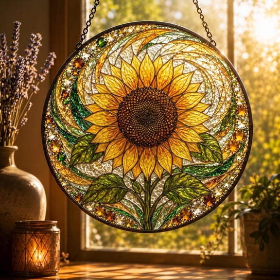Yellow Sunflower Faux Stained Glass Acrylic Suncatcher, Window Hanging Decor, Gift for Mom Grandma