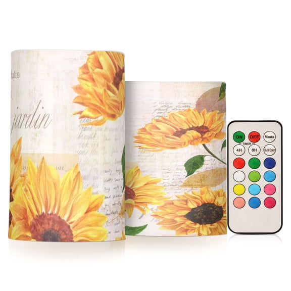Yellow Sunflower Flickering Flameless Candles Battery Operated with Remote Timer LED Pillar Candles Set of 2