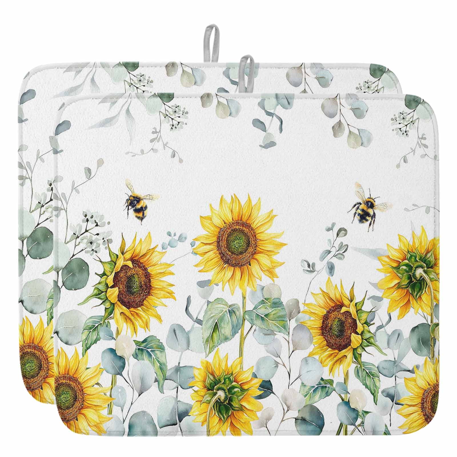 Yellow Sunflower Floral Dish Drying Mat, Sage Green Eucalyptus Leaf ...