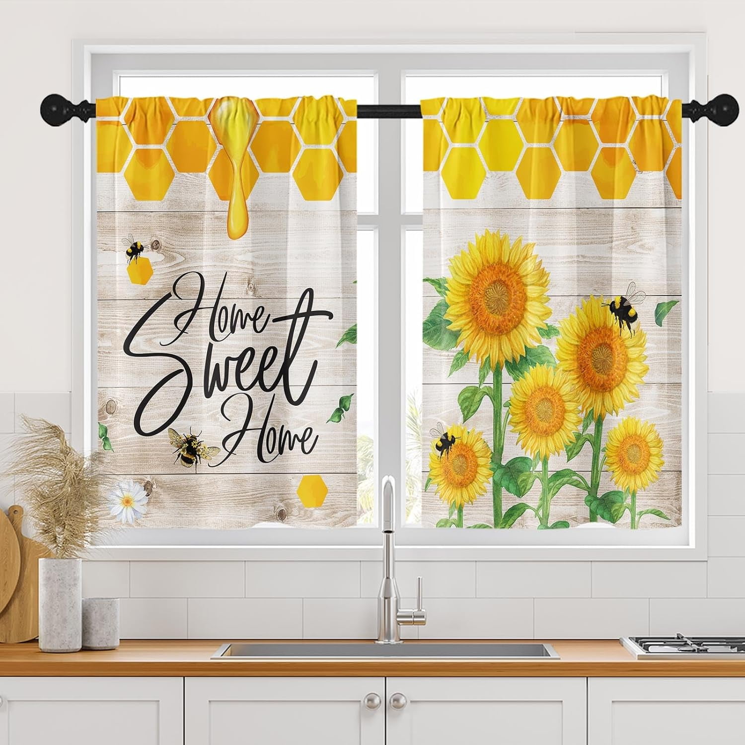 Yellow Sunflower Flower Kitchen Curtains, Summer Bee Boardshort Window ...