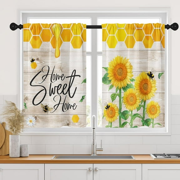 Yellow Sunflower Flower Kitchen Curtains, Summer Bee Boardshort Window Curtains Set of 2, Window Treatment Tier Curtains for Kitchen Over Sink Bathroom Dining Room Decor (26x36 Inch)