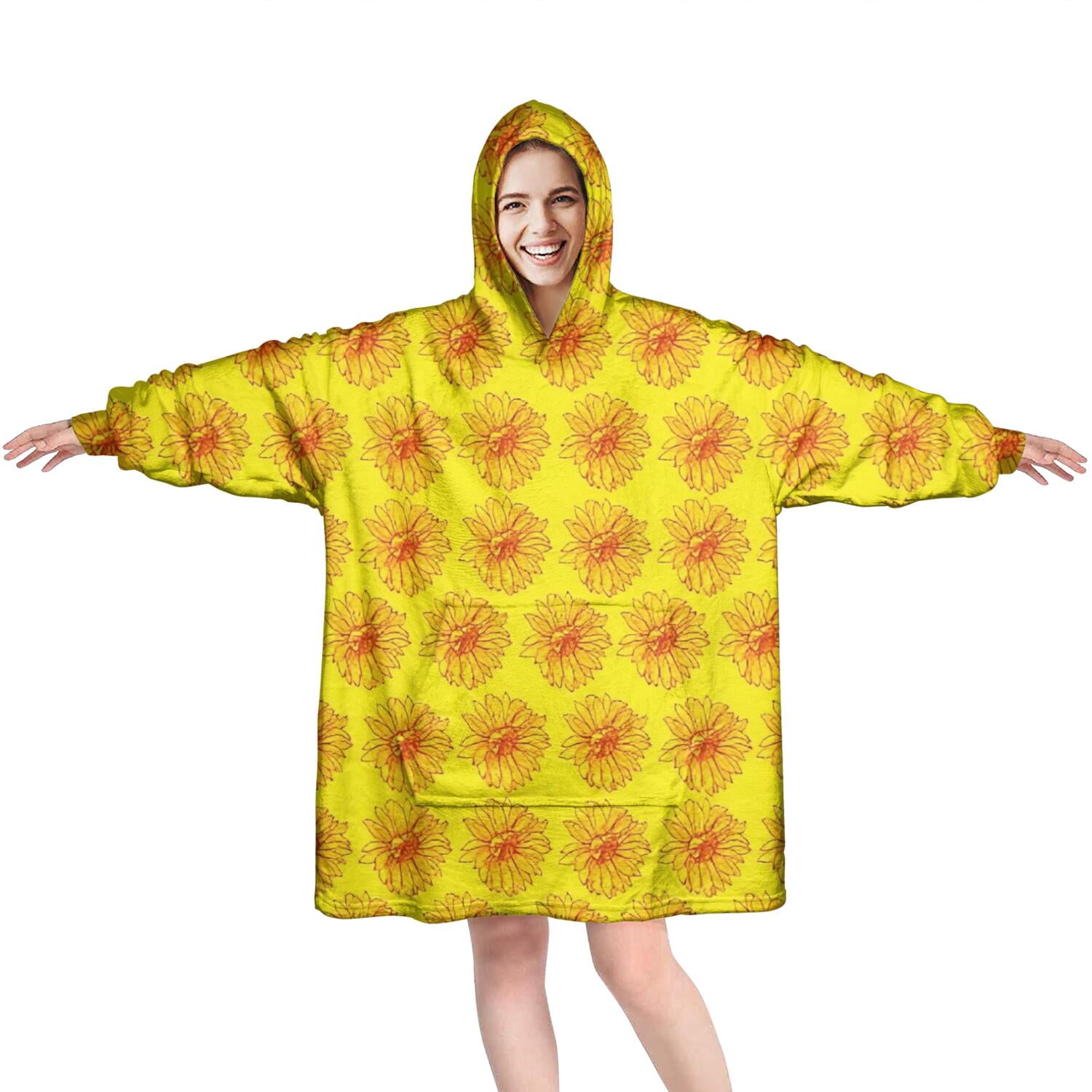 Yellow Sunflower Flower Pattern Wearable Oversized Blanket,Wearable Blanket Hoodie for Adults,Cozy Hooded Blankets with Super Pockets,Super Warm Fuzzy Pullover for Women & Men