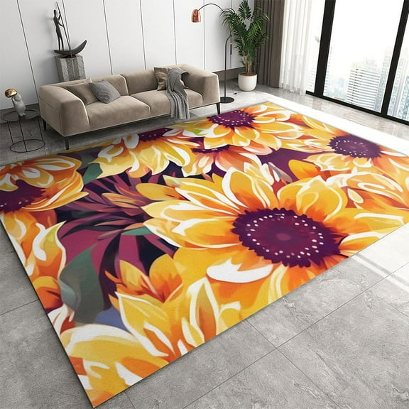 Yellow Sunflower Flowers Area Rug, Watercolor Hand Painted Pastoral Flowers Indoor Rugs, With Anti-Slip Backing Washable Carpet For Living Room Bedroom Study Dining Room 4x5ft