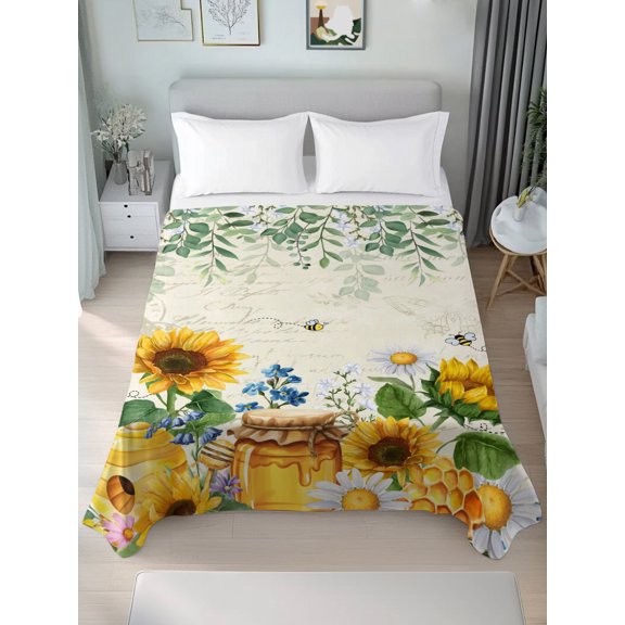 Yellow Sunflower Foliage Queen Size Flat Sheet Only,Soft Top Bed Sheets Breathable Bedding Sheet Cartoon Bee Golden Honey Microfiber Hotel Flat Sheets