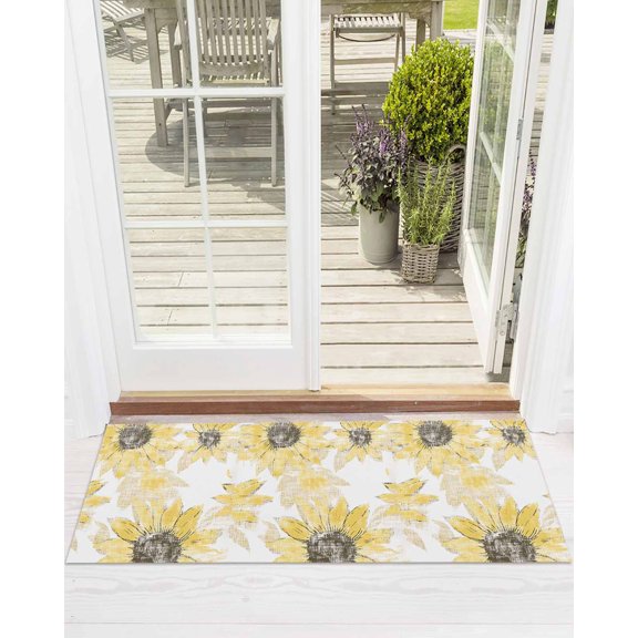 Yellow Sunflower Front Door Mat Vintage Flowers Welcome Doormat Indoor Outdoor Entrance Floor Mat Non-Slip Washable Runner Rug for Front Porch Decor 18x60 Inch