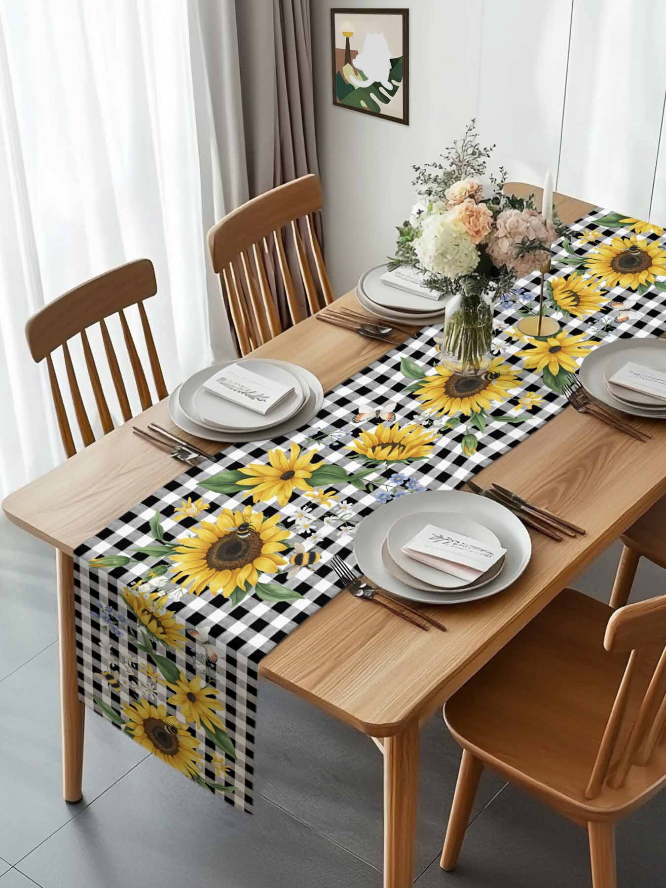 Yellow Sunflower Green Leaf Black Buffalo Plaid Table Runner 90 Inches Long, Farm Watercolor Plant Table Runners Tabletop Scarf Kitchen Dining Tables Decoration for Home Party Indoor Outdoor