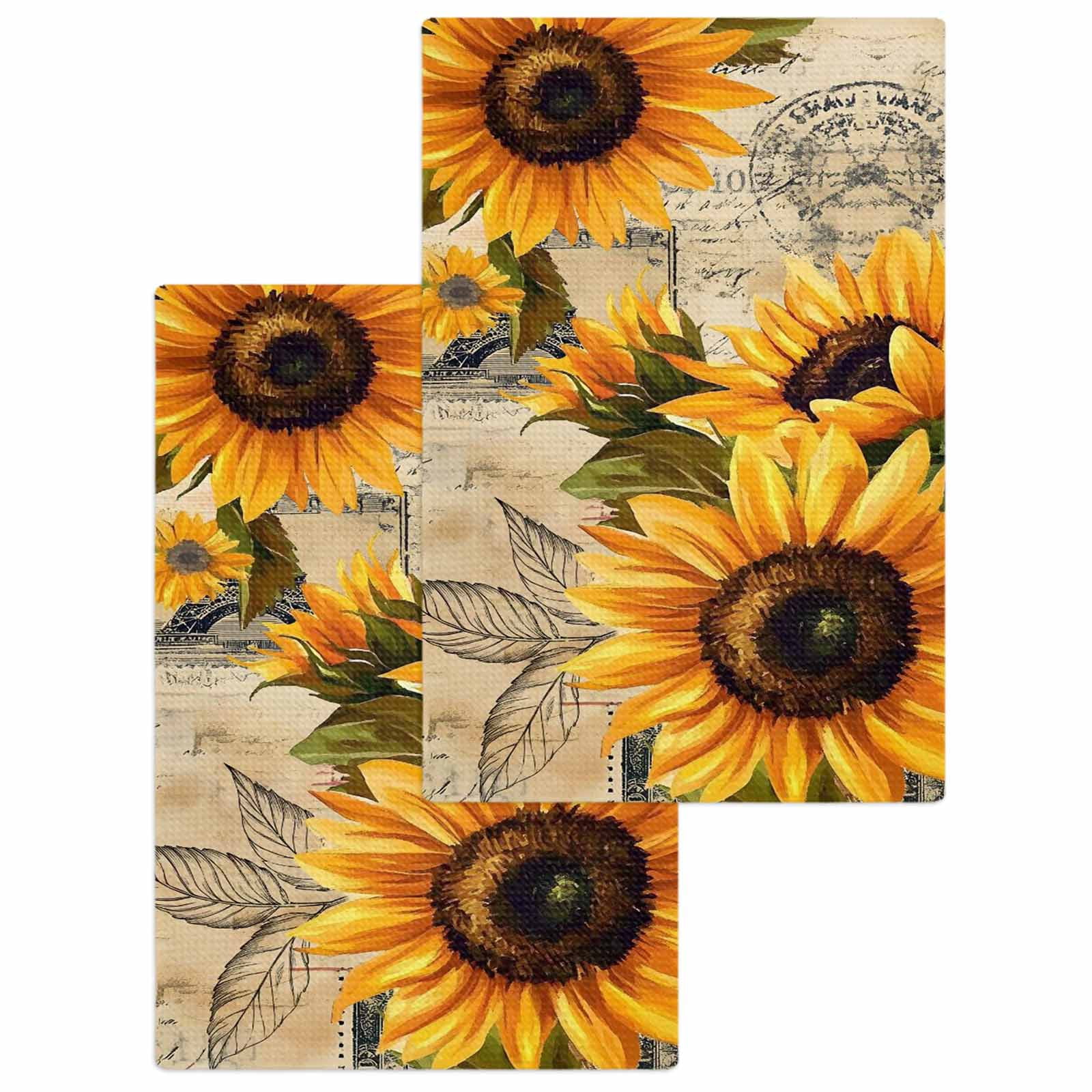 Yellow Sunflower Hand Towels Set, Waffle Weave Kitchen Towels 2 Pieces, Watercolor Retro Floral Plant Leaf Microfiber Hair Face Bath Tea Towel Absorbent Quick Drying Cleaning Dish Cloths 15.7"x23.6"