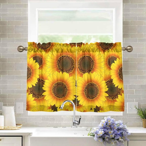 Yellow Sunflower Kitchen Curtains Cafe Curtains Washable Short Curtains for Small Window Kitchen Living Room Bathroom Basement Half Window Curtain, 27 x 36 inch Length, 2 Panels