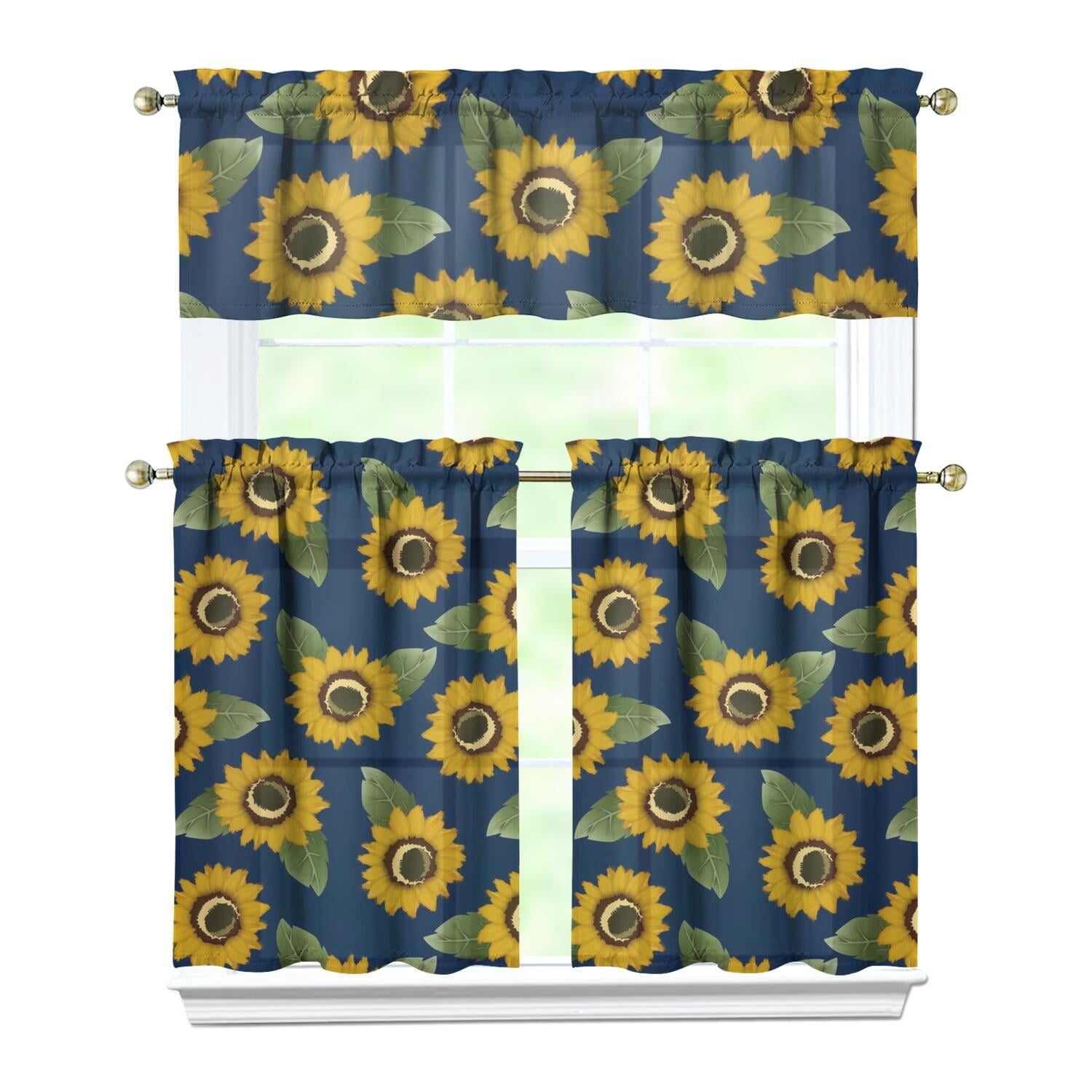 Yellow Sunflower Kitchen Curtains Set - 3 PC Boho Floral Tier & Valance ...