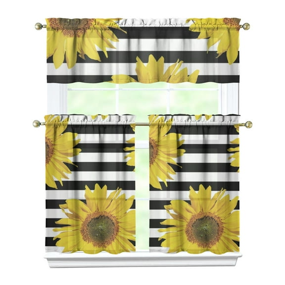 Yellow Sunflower Kitchen Curtains Set - 3 PC Boho Floral Tier & Valance, Vintage Rustic Window Treatment, Golden Bloom & Butterfly Design, Rod Pocket Panels