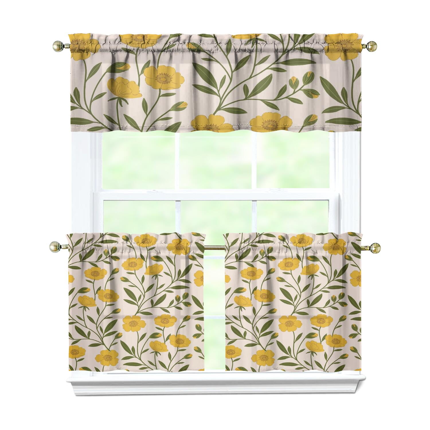 Yellow Sunflower Kitchen Curtains Set - 3 Pack Boho Floral Tier ...