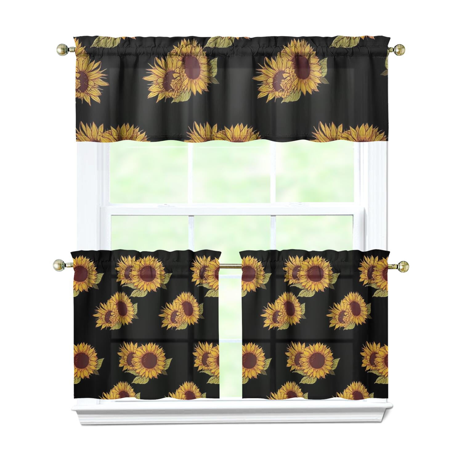 Yellow Sunflower Kitchen Curtains Set - 3 Pack Boho Floral Tier ...